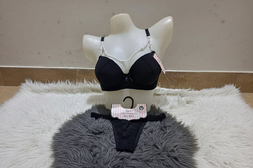 BLS Luxe Rosewood Bra & Thong Set - Beaded Straps & Padded Cups